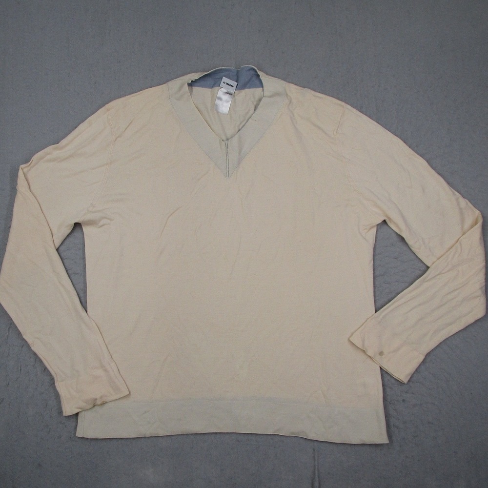 Jil Sander Mens V-Neck Wool Sweater Cream Long Sleeve Made in Italy